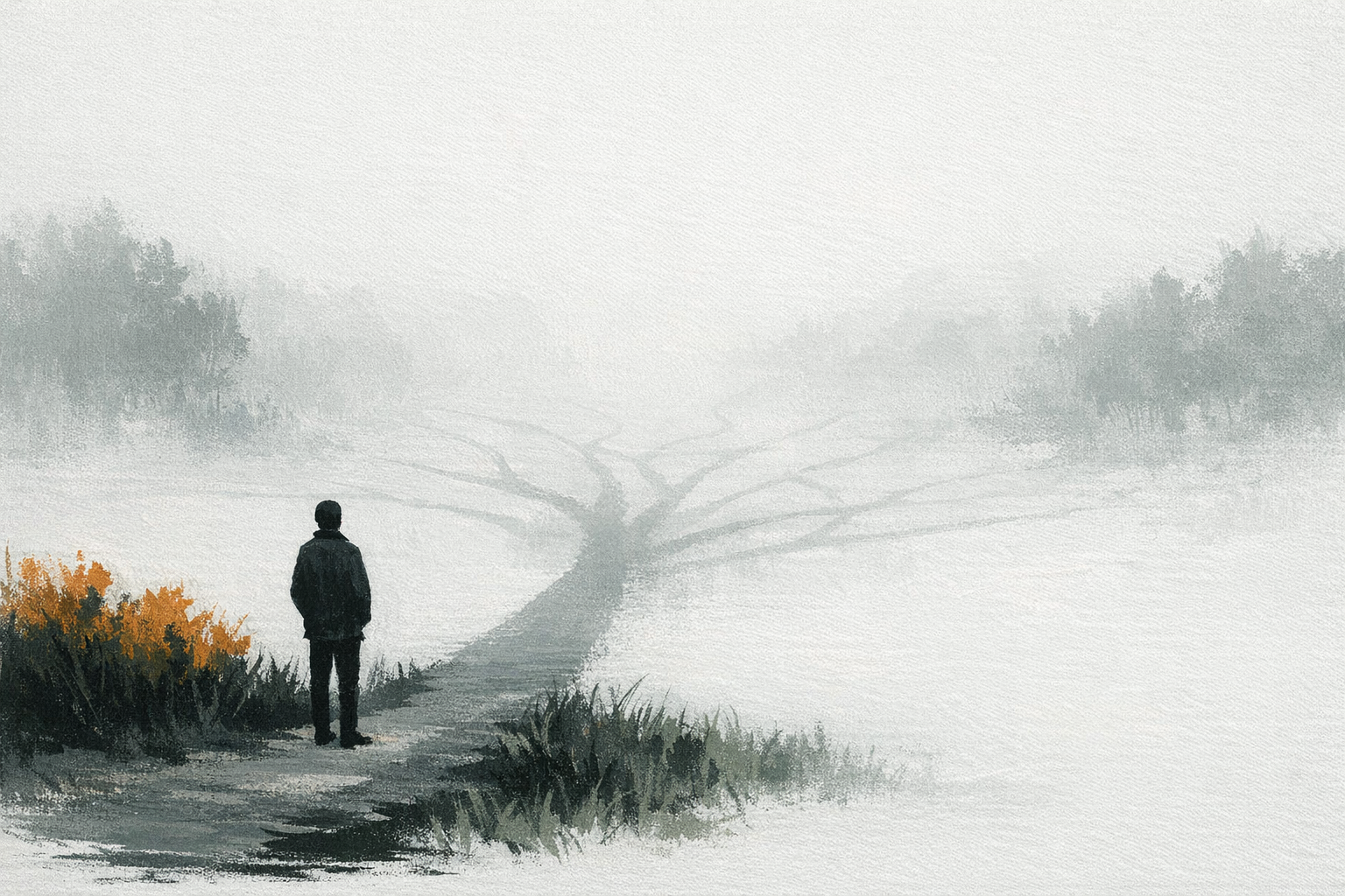 Minimalistic painted art illustration of a person standing at the edge of a clearing looking into a foggy landscape where a single visible path gradua