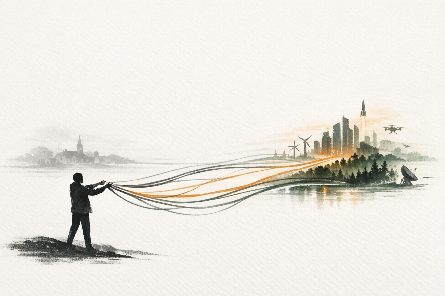 Minimalistic painted art illustration of a person standing in the present shaping the outline of a distant landscape with long flowing lines extending-1