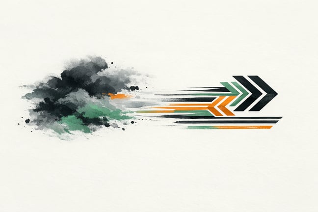 Minimalistic painted art illustration of a shifting cloud of uncertainty being shaped into directional lines and patterns black grey green and orange-3-1