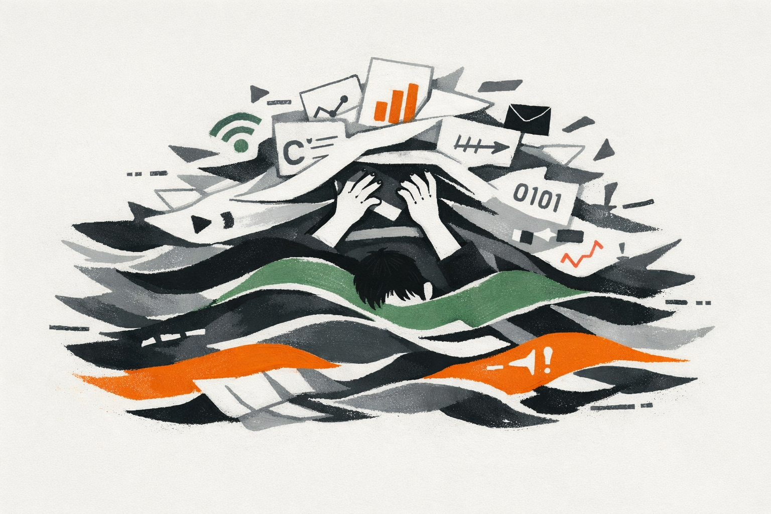 Person Buried Under Papers Waves Symbols-3