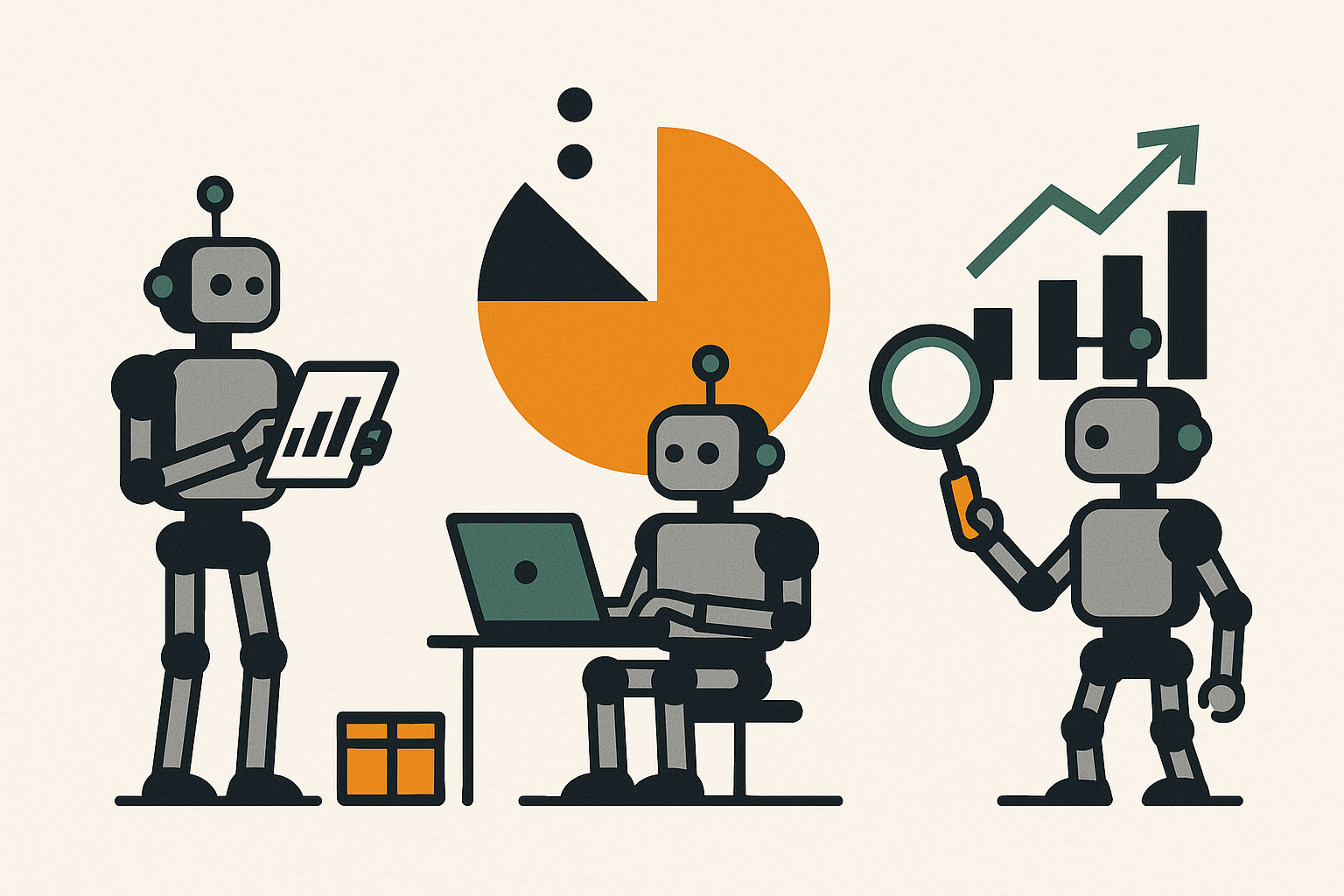 Minimalistic art illustration of robots collecting data black grey green and orange on light a background