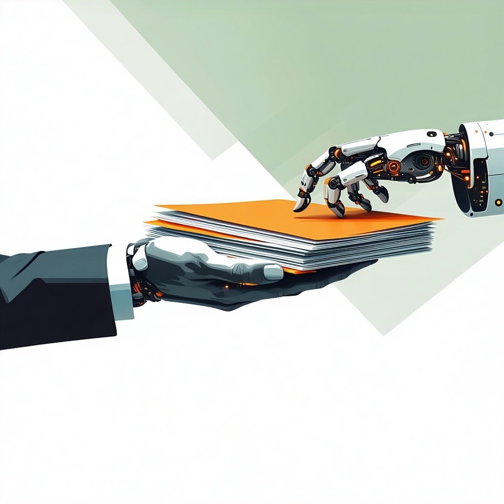 Minimalistic high quality art illustration of a human handing off a pile of documents to a robot assistant isolated concept symbolizing delegation of tasks black grey green and orange on a white background Minimalistic high quality art illustration of a human handing off a pile of documents to a robot assistant isolated concept symbolizing delegation of tasks black grey green and orange on a white background