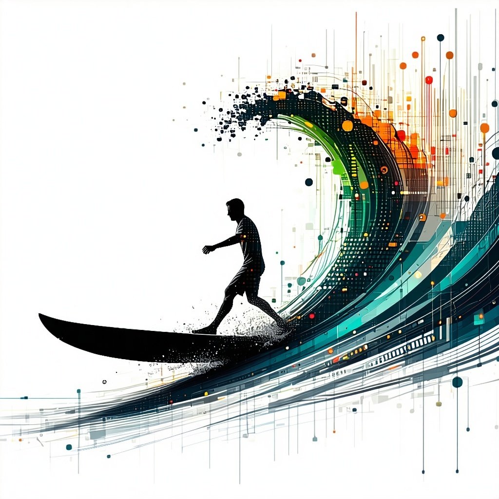 Minimalistic high quality art illustration of a person effortlessly surfing a fastmoving wave made of data and signals symbolizing agility and acceleration in decisionmaking isolated concept black grey green and orange on a white background-1 Minimalistic high quality art illustration of a person effortlessly surfing a fastmoving wave made of data and signals symbolizing agility and acceleration in decisionmaking isolated concept black grey green and orange on a white background-1
